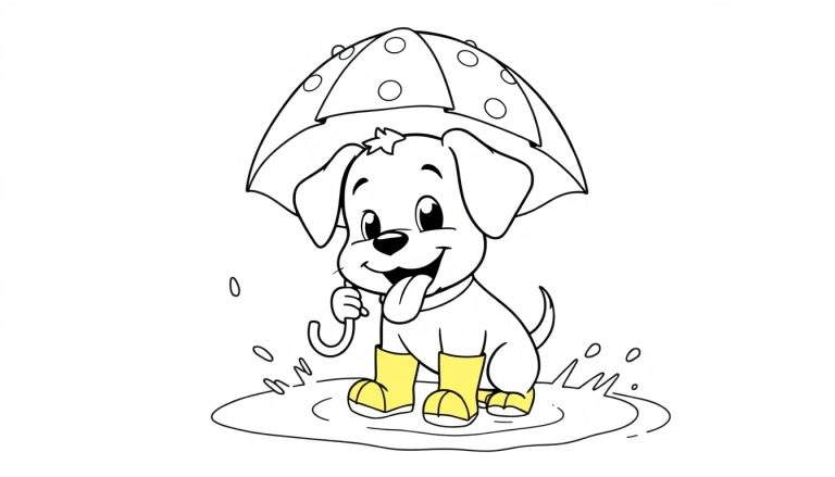Un perrito adorable con botas de lluvia amarillas y un paraguas de lunares, saltando en un charco con salpicaduras. Dibujo lineal en blanco y negro con la placa de color de las botas.