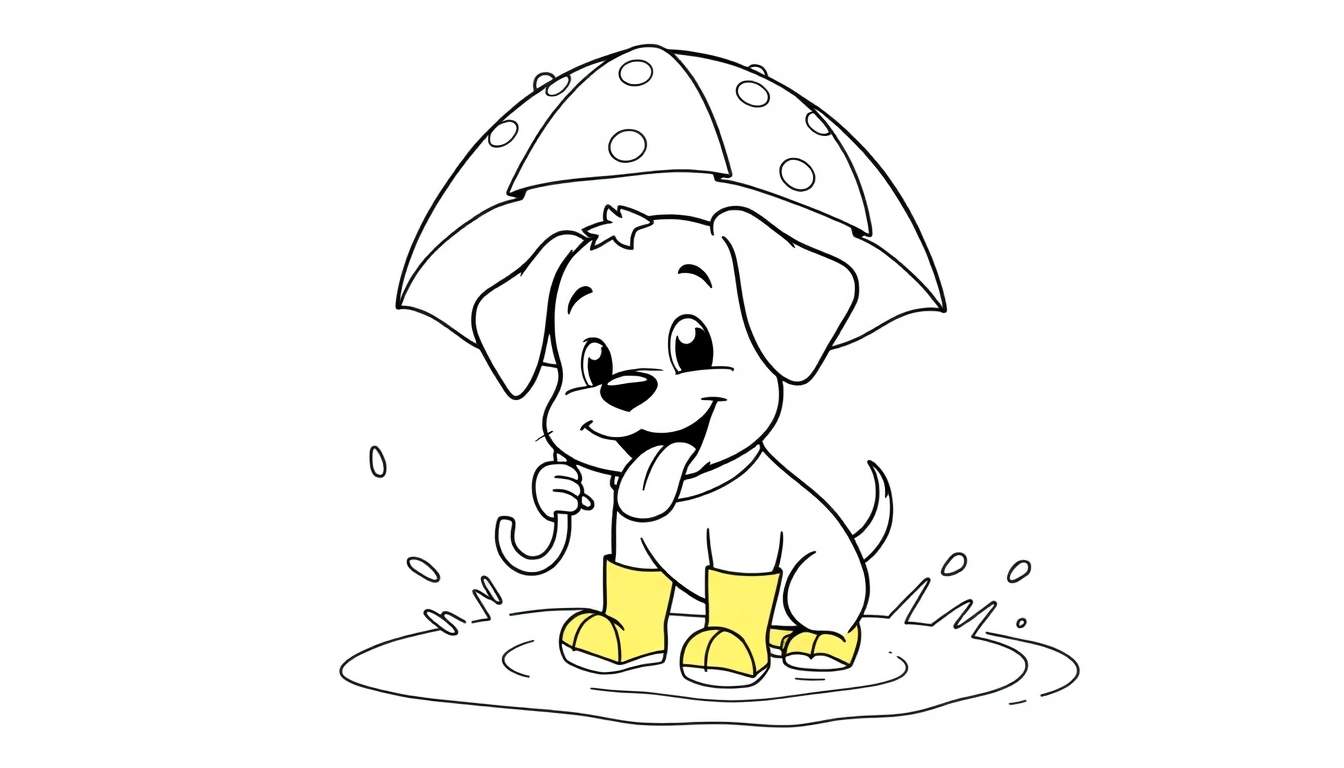 Un perrito adorable con botas de lluvia amarillas y un paraguas de lunares, saltando en un charco con salpicaduras. Dibujo lineal en blanco y negro con la placa de color de las botas.