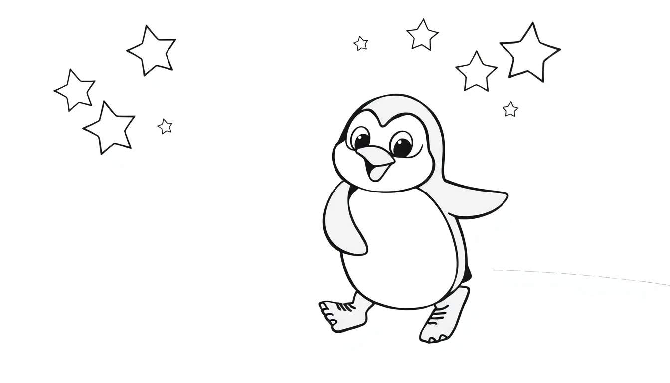 Placa de color de un pingüino de dibujos animados patinando entre estrellas.