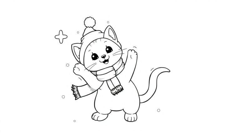 Un gatito dibujado saludando en la nieve, con gorro y bufanda, listo para colorear en la placa de color.