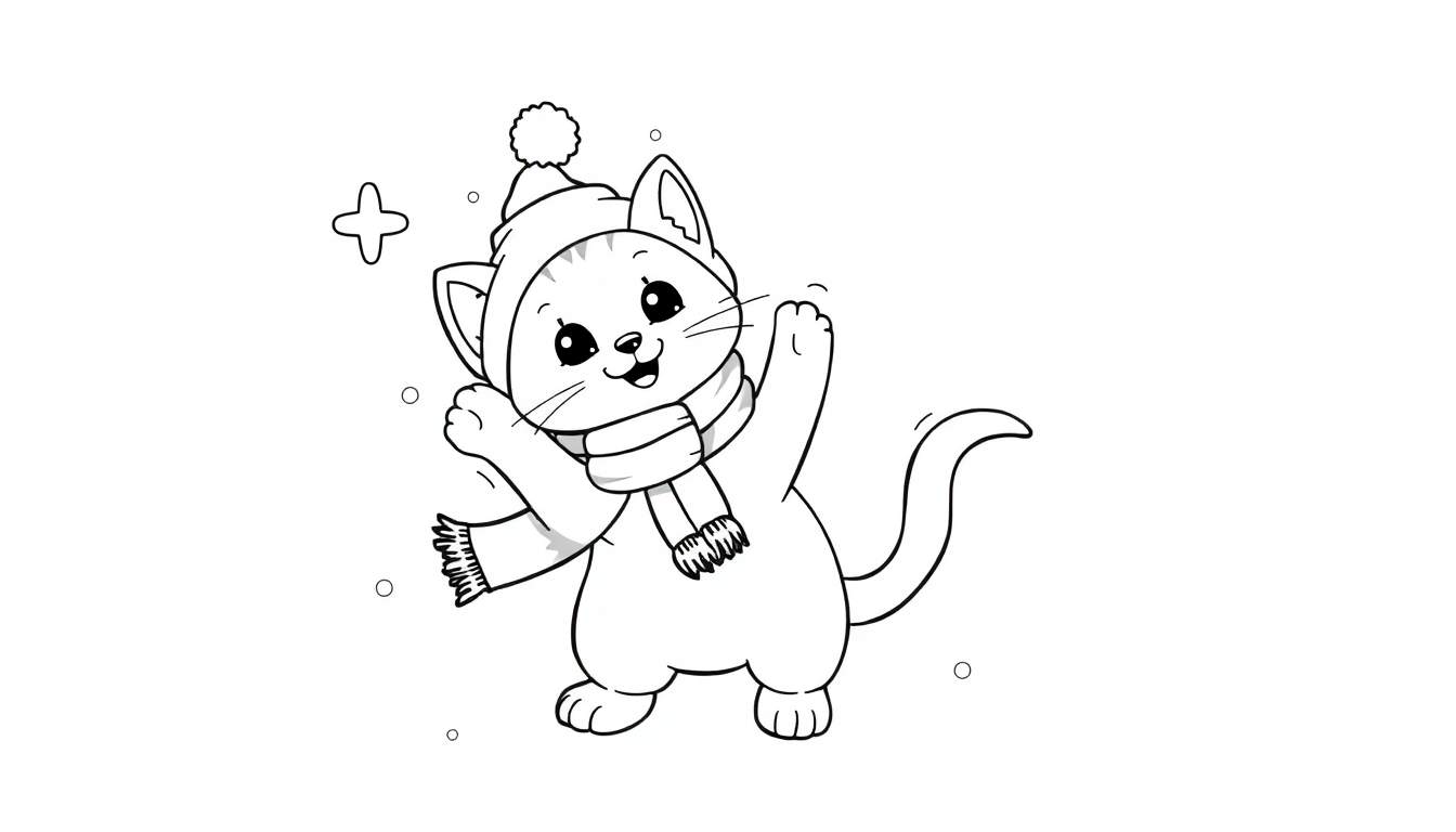 Un gatito dibujado saludando en la nieve, con gorro y bufanda, listo para colorear en la placa de color.