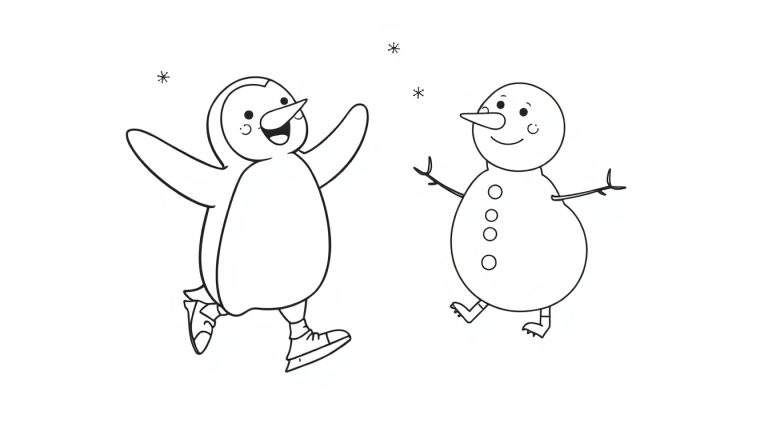 Pingüino patinando con un muñeco de nieve en una placa de color blanco y negro.