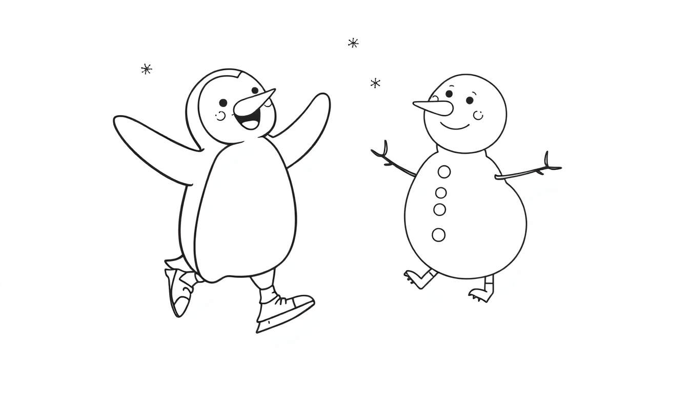 Pingüino patinando con un muñeco de nieve en una placa de color blanco y negro.