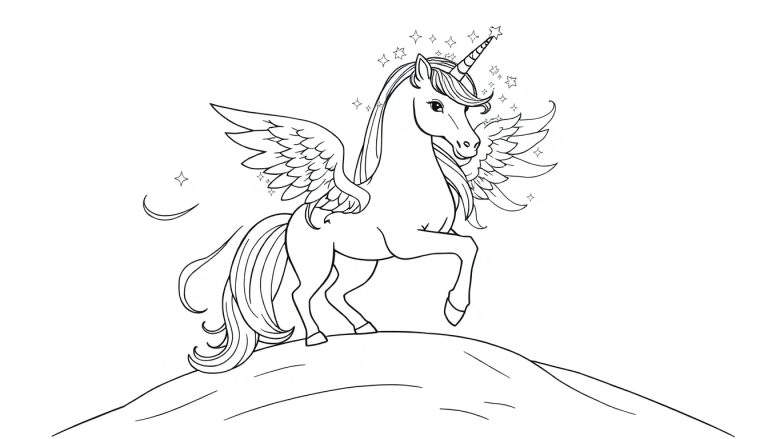 Placa de color de un unicornio alado con melena estrellada.