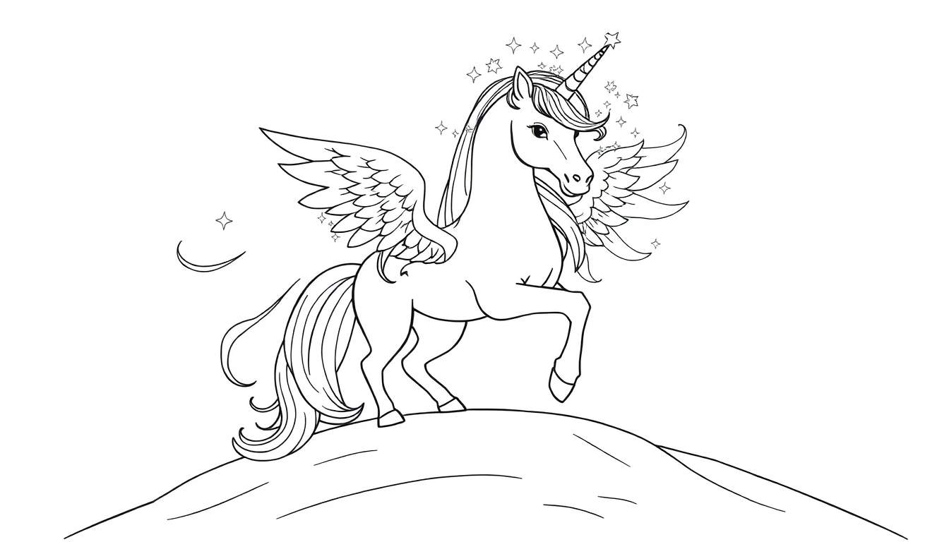 Placa de color de un unicornio alado con melena estrellada.