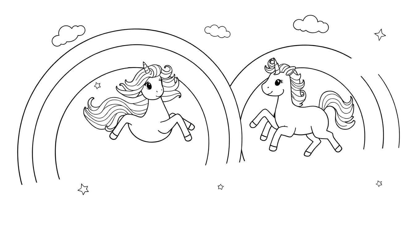 Placa de color de dos unicornios de dibujos animados saltando sobre un arcoíris.