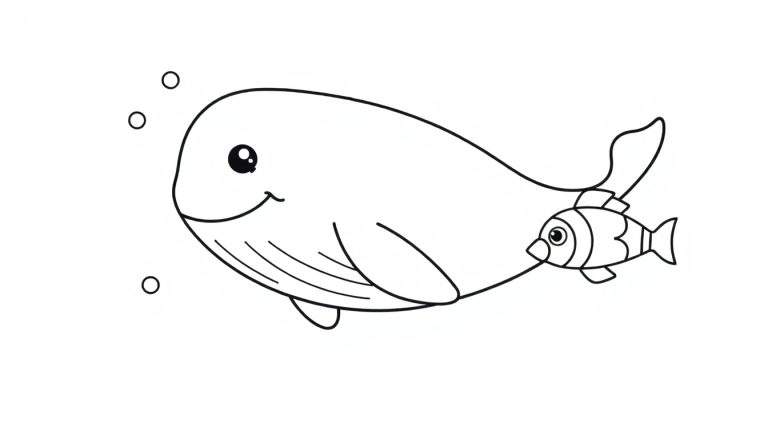 Una placa para colorear en blanco y negro de una ballena sonriente y un pez pequeño nadando juntos.