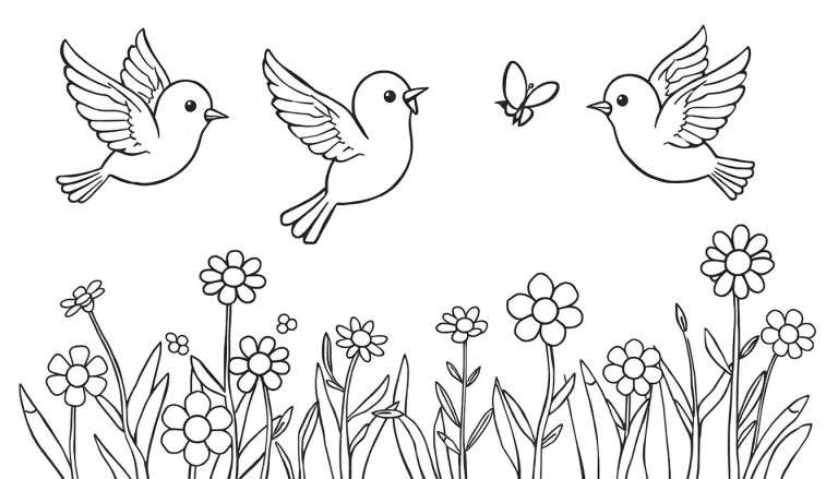 Placa de color con pájaros lindos y flores para colorear.