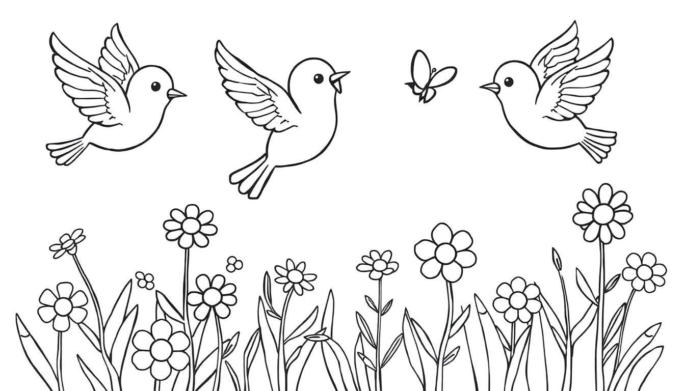 Placa de color con pájaros lindos y flores para colorear.