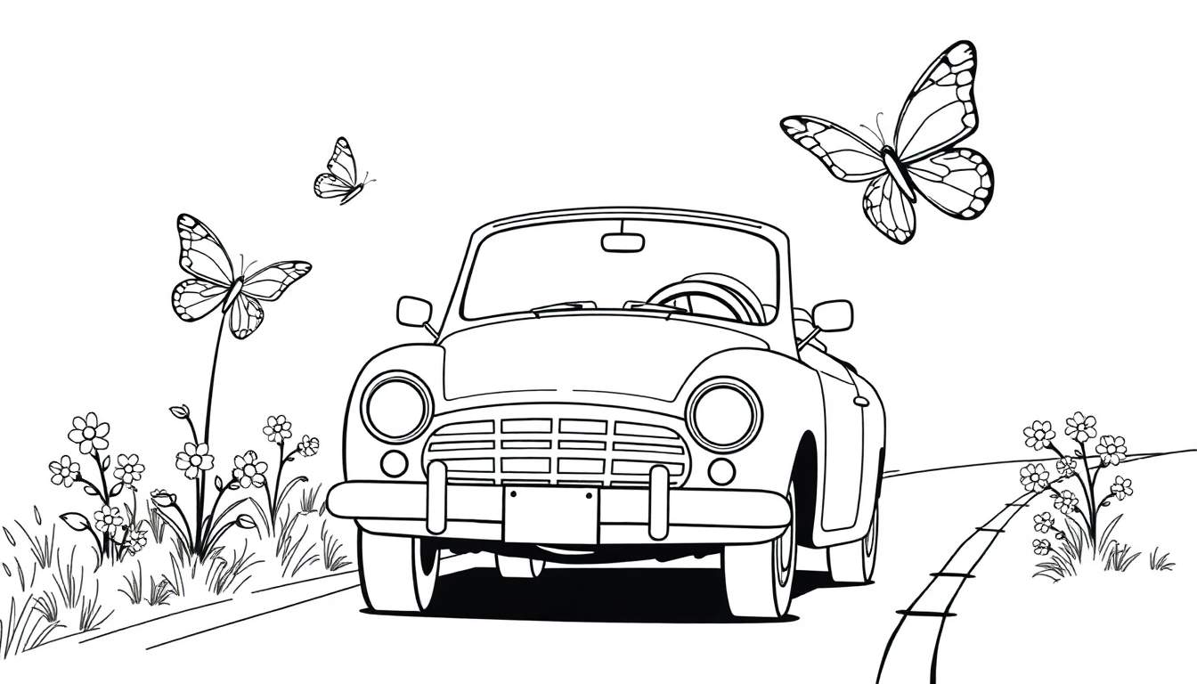 Página para colorear de un coche Ford clásico convertible, con mariposas revoloteando cerca de flores en una carretera soleada.