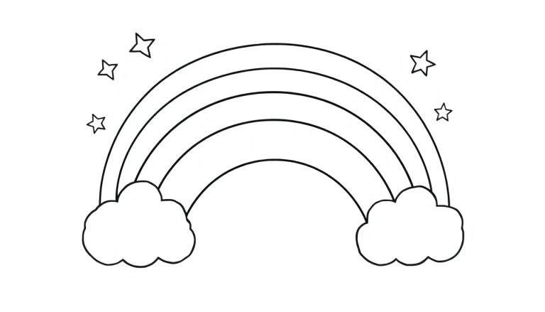 Página para colorear de arcoíris con placa de color, nubes y estrellas.