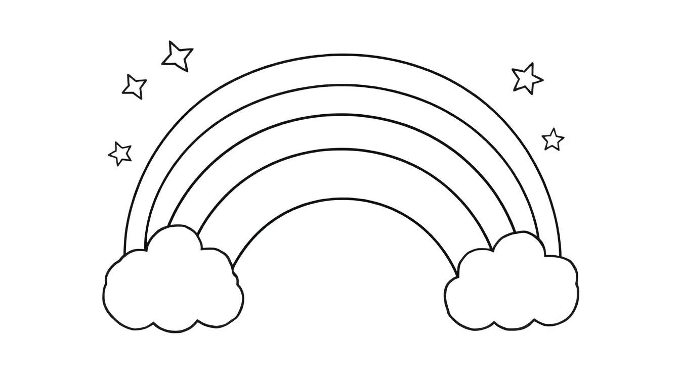 Página para colorear de arcoíris con placa de color, nubes y estrellas.