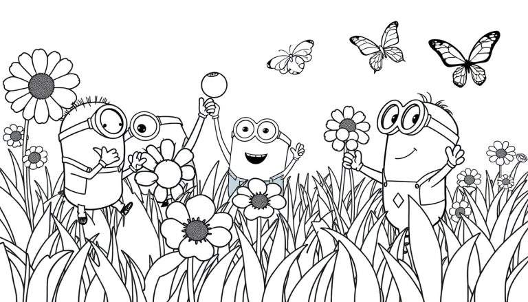 Placa de color con Minions jugando entre flores y mariposas.
