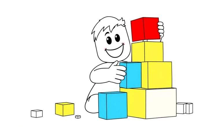 Un personaje de Roblox, con pelo puntiagudo y ojos grandes, sonriendo mientras juega con bloques de colores en el suelo.