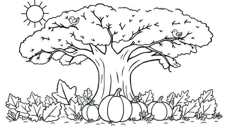 Placa de color de un árbol con pájaros y calabazas.