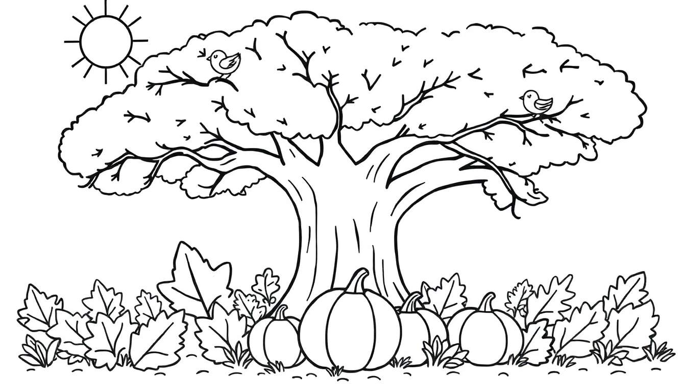Placa de color de un árbol con pájaros y calabazas.