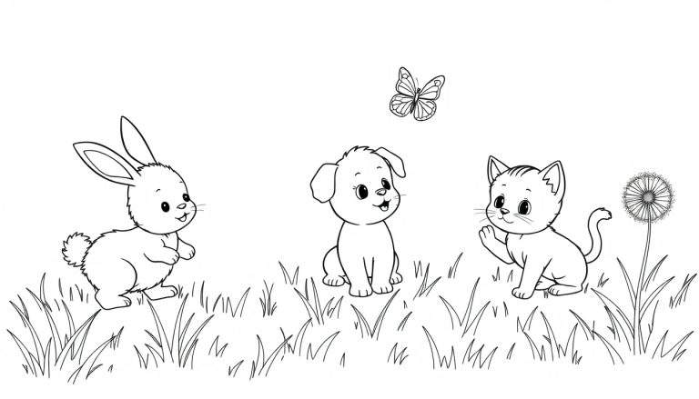 Placa de color: un conejito, un cachorro y un gatito juegan en un prado con una mariposa y un diente de león.