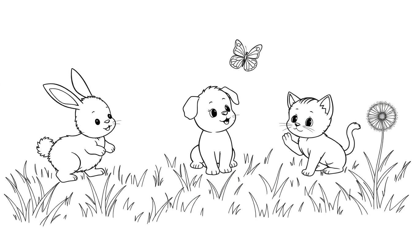 Placa de color: un conejito, un cachorro y un gatito juegan en un prado con una mariposa y un diente de león.
