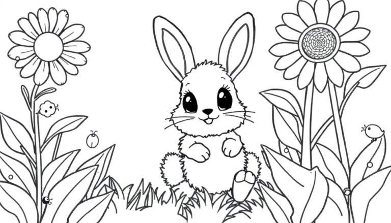 Un tierno conejito en blanco y negro sentado en hierba con flores grandes y mariquitas, listo para colorear.