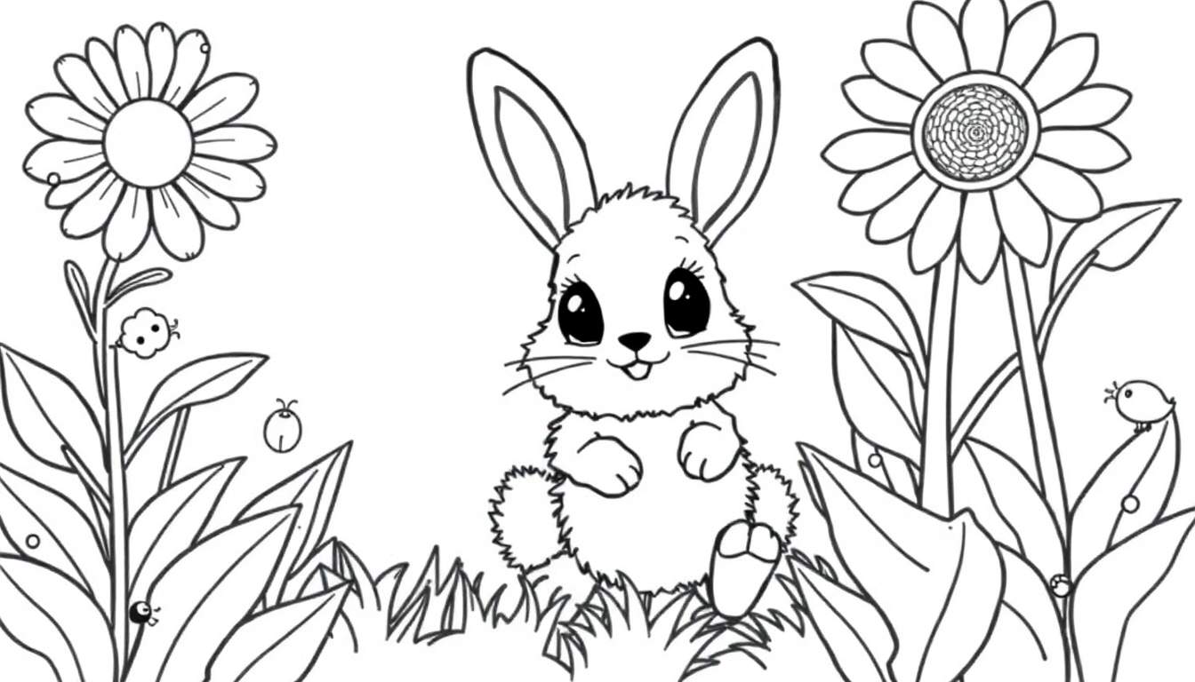 Un tierno conejito en blanco y negro sentado en hierba con flores grandes y mariquitas, listo para colorear.