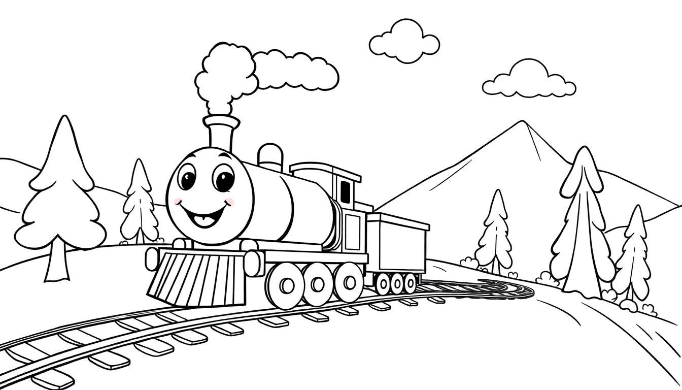 Un tren de vapor amigable para colorear en la montaña.