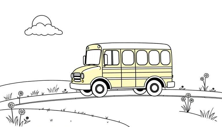 Autobús escolar amarillo de dibujos animados en una página para colorear en blanco y negro, yendo por una carretera soleada con nubes esponjosas.