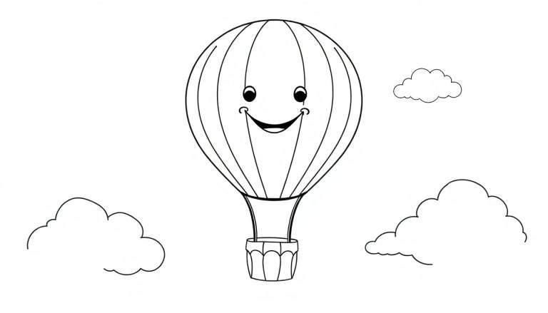 Placa de color de un globo aerostático sonriente con rayas verticales y una cesta debajo, flotando entre tres nubes.