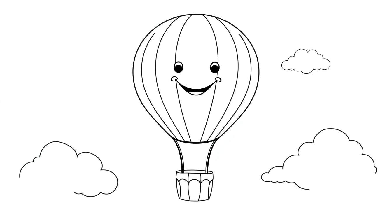 Placa de color de un globo aerostático sonriente con rayas verticales y una cesta debajo, flotando entre tres nubes.