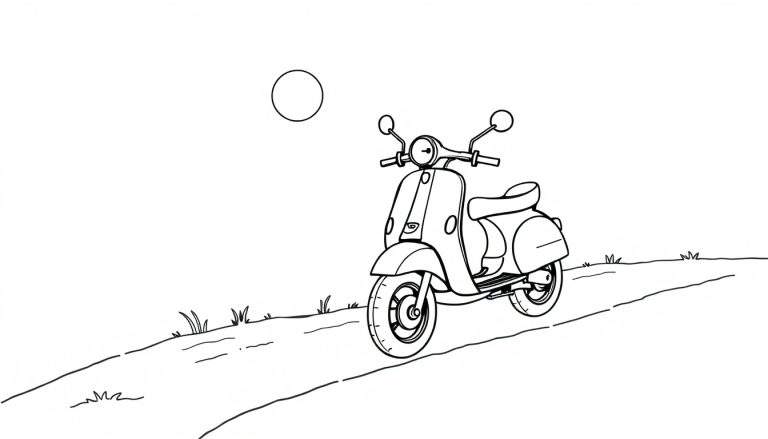 Una clásica Vespa en blanco y negro con un círculo en el cielo, lista para colorear en una placa de color.