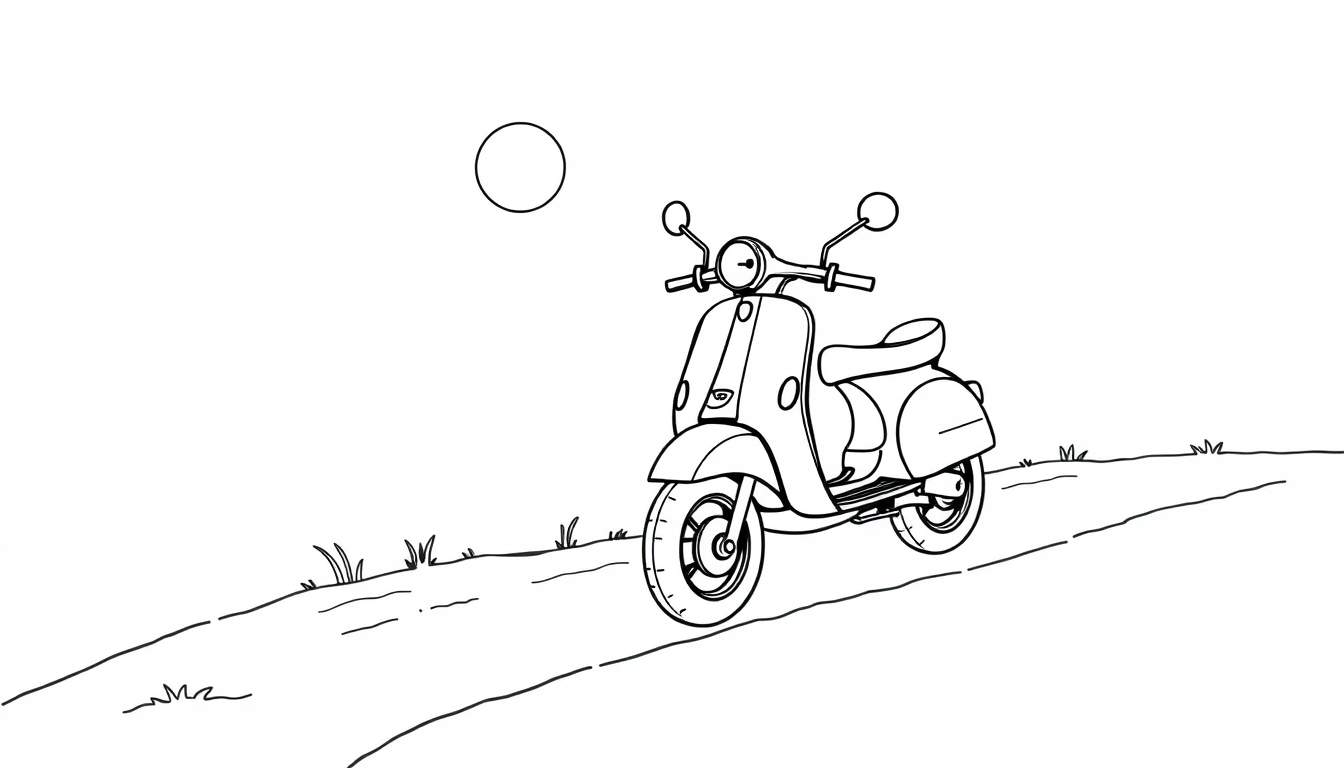 Una clásica Vespa en blanco y negro con un círculo en el cielo, lista para colorear en una placa de color.