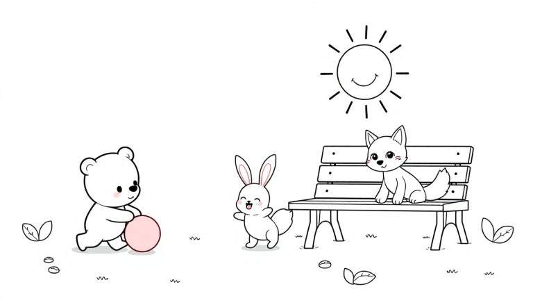 Página para colorear en blanco y negro de un oso, un conejo y un zorro jugando en un parque soleado, con una placa de color para guiar.