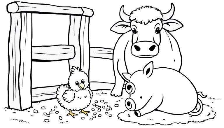 Una placa de color con un pollito, una vaca y un cerdo en una granja.