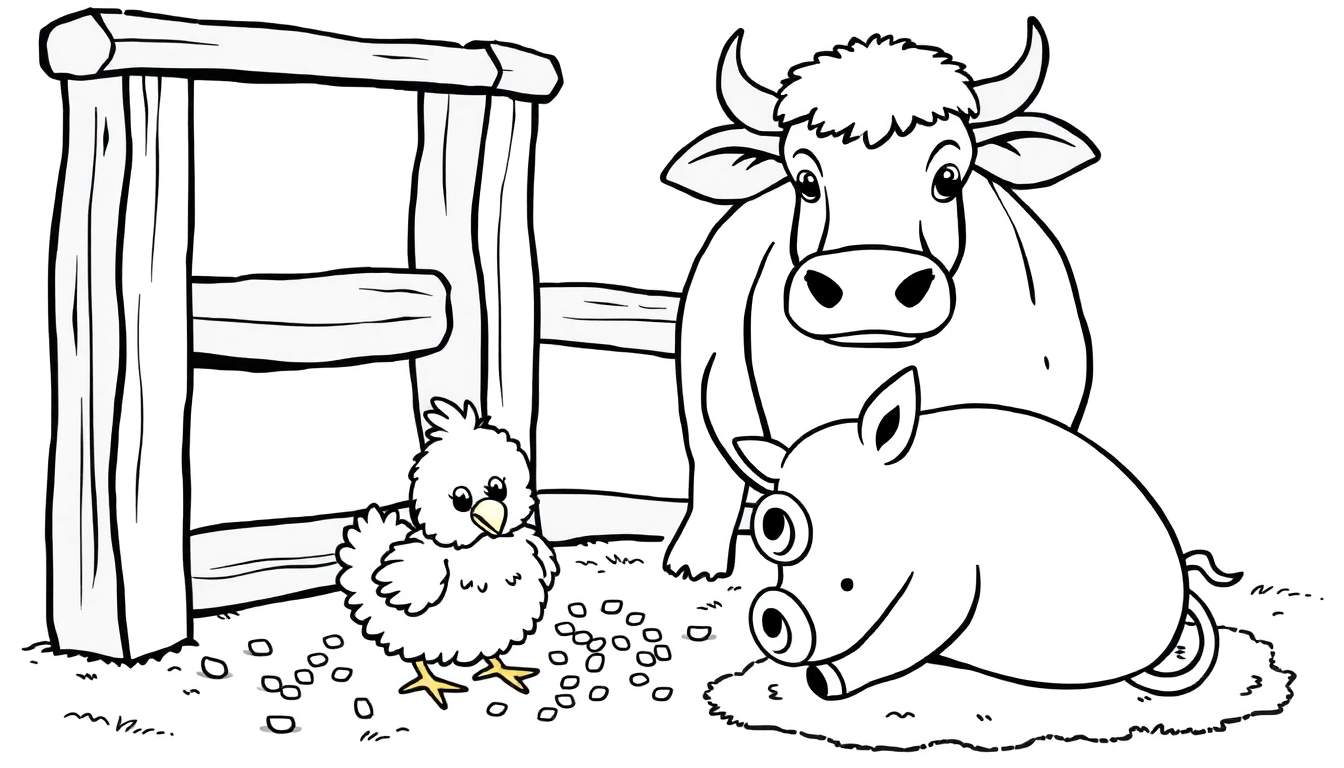 Una placa de color con un pollito, una vaca y un cerdo en una granja.