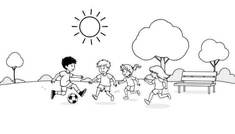 Placa de color de niños jugando fútbol en un parque soleado.