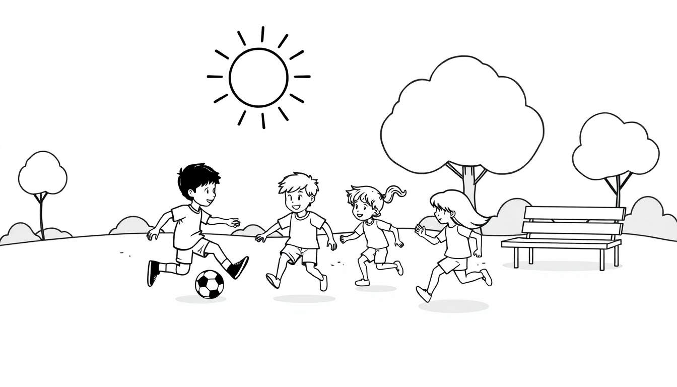 Placa de color de niños jugando fútbol en un parque soleado.