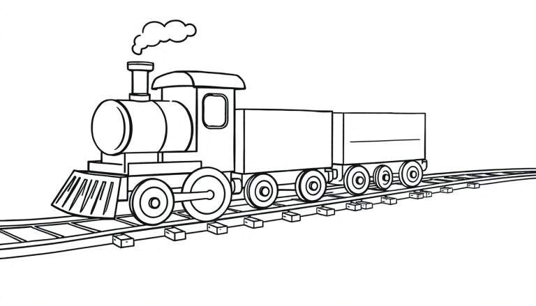 Un lindo tren de juguete de color negro y blanco con una chimenea amistosa y vagones, listo para colorear.