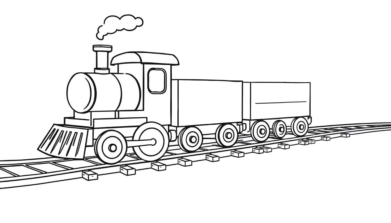 Un lindo tren de juguete de color negro y blanco con una chimenea amistosa y vagones, listo para colorear.