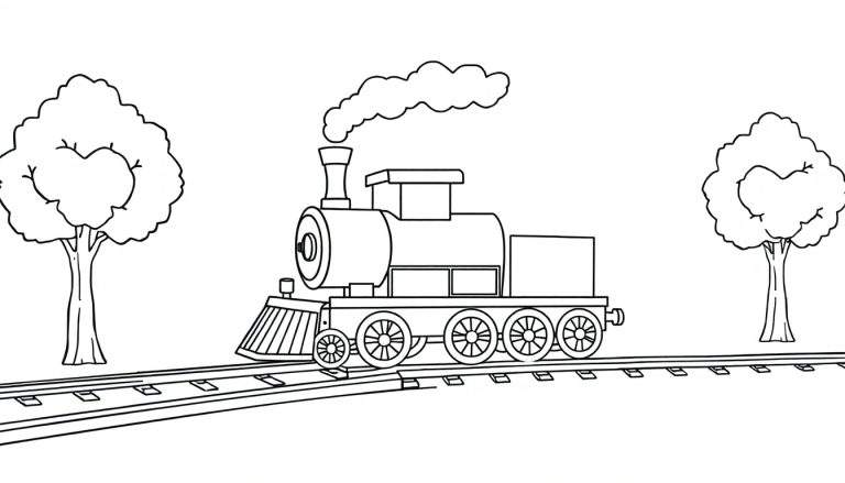 Tren de vapor para colorear con chimenea humeante y árboles en una vía