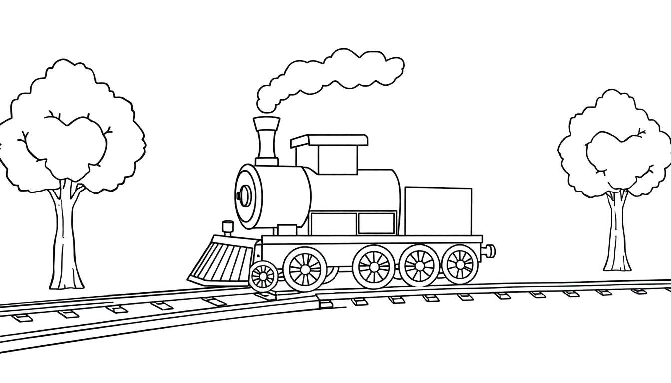 Tren de vapor para colorear con chimenea humeante y árboles en una vía