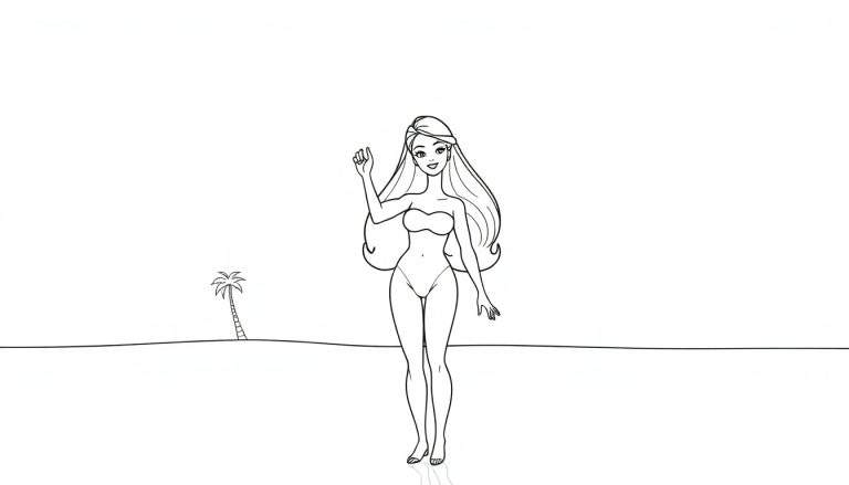 Una chica de dibujos animados sonriente con el pelo largo saluda en una playa con una palmera, lista para ser pintada en esta placa de color.