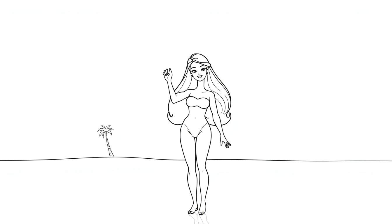 Una chica de dibujos animados sonriente con el pelo largo saluda en una playa con una palmera, lista para ser pintada en esta placa de color.