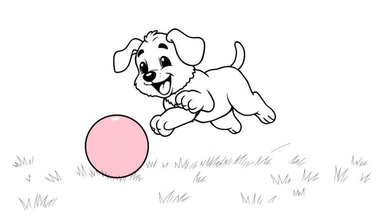 Bentley el cachorrito feliz jugando con una pelota roja, página para colorear en blanco y negro.
