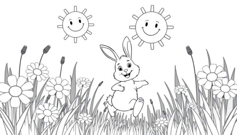 Ilustración en blanco y negro de un conejo sonriente saltando en un campo con flores y dos soles sonrientes.