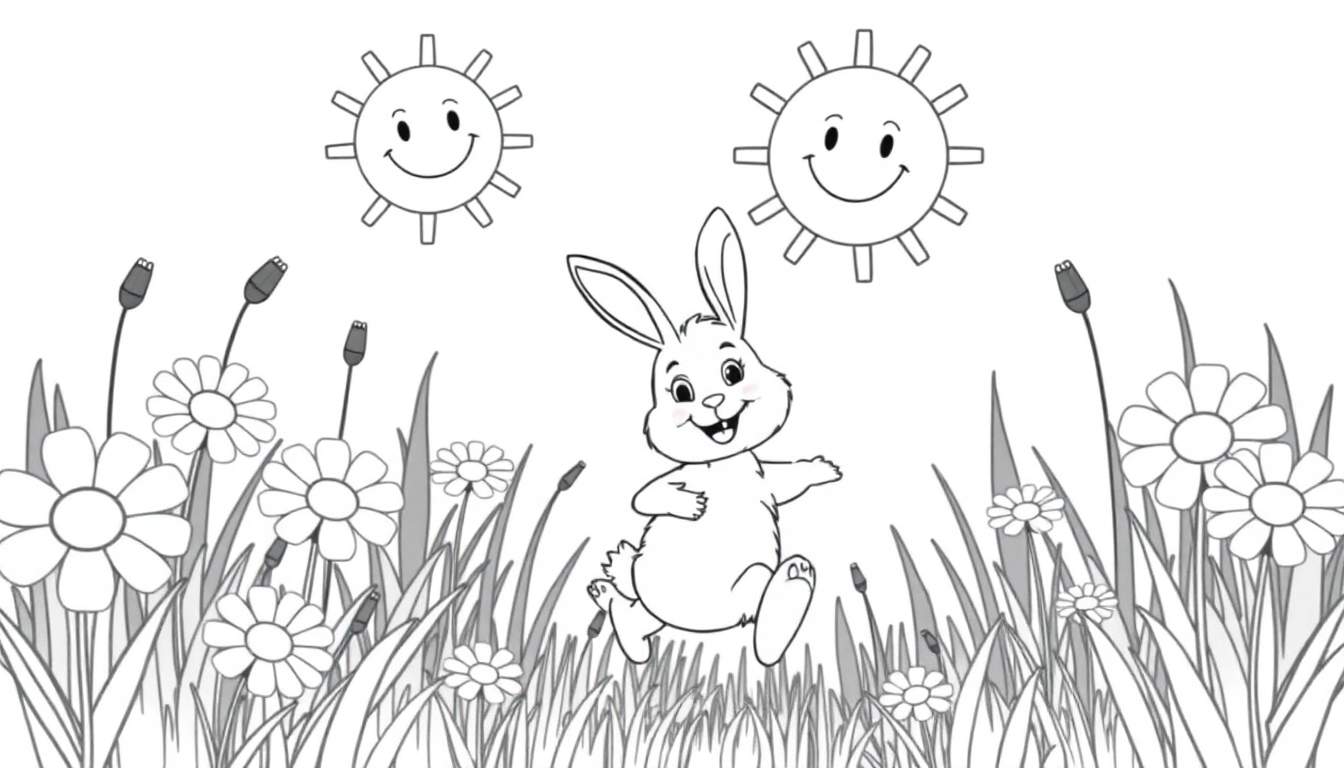 Ilustración en blanco y negro de un conejo sonriente saltando en un campo con flores y dos soles sonrientes.