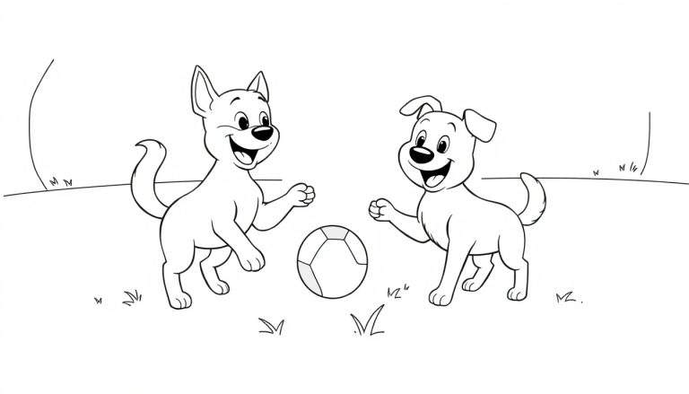 Bluey y Bingo jugando a la pelota, un dibujo lineal en blanco y negro listo para colorear, ambos cachorros sonríen y la pelota está en medio de ellos.