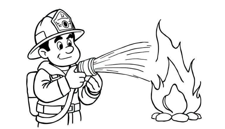 Página para colorear de un bombero con manguera, placa de color.