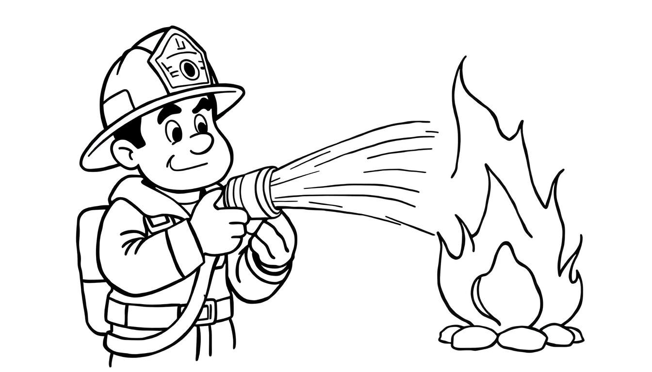 Página para colorear de un bombero con manguera, placa de color.