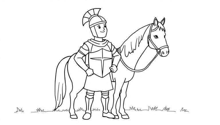 Un caballero y su caballo, listo para colorear en la placa de color.