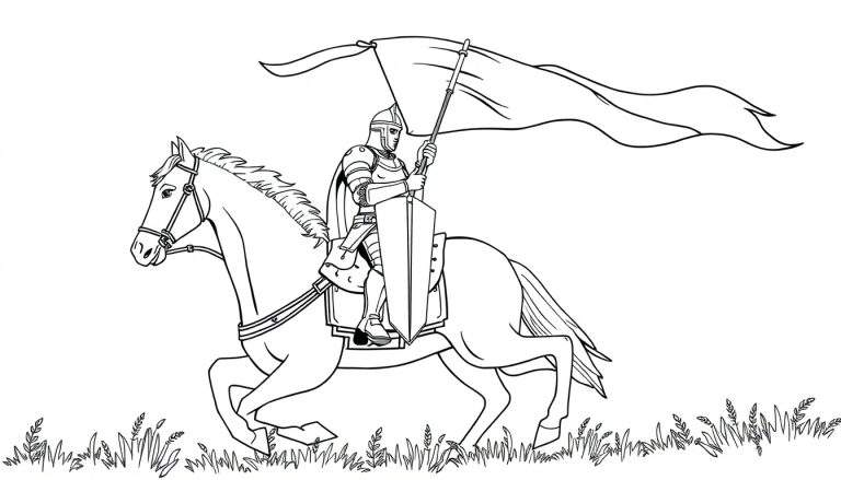 Caballero medieval a caballo con estandarte, para colorear.