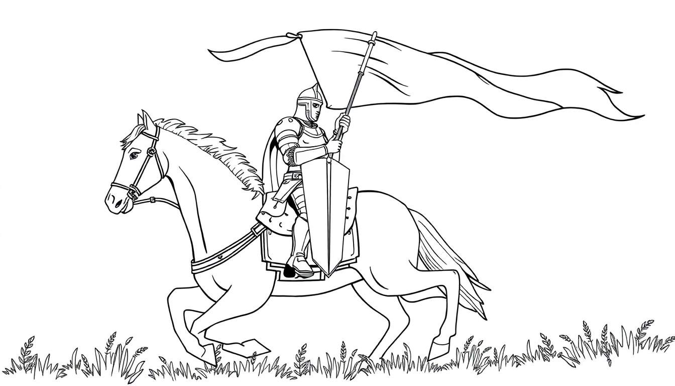 Caballero medieval a caballo con estandarte, para colorear.